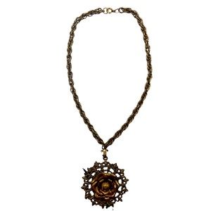 Vintage 60’s statement bronze rose pendant necklace